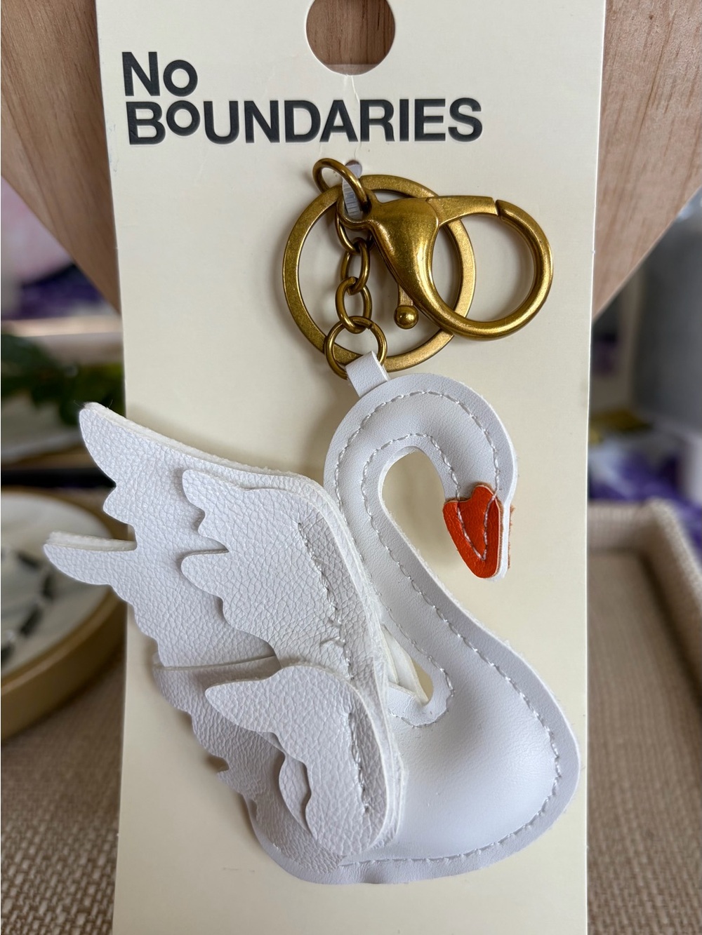 No Boundaries White Swan Keychain/ Purse Charm with Gold Hardware